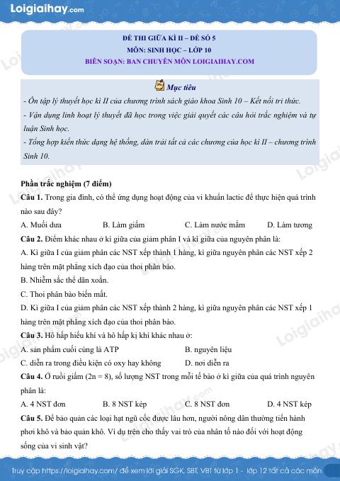 Đề thi giữa kì 2 Sinh 10 Kết nối tri thức - Đề số 5